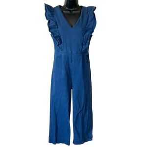 En Saison Denim Stretch Ruffled High Rise Wide Leg Crop Jumpsuit